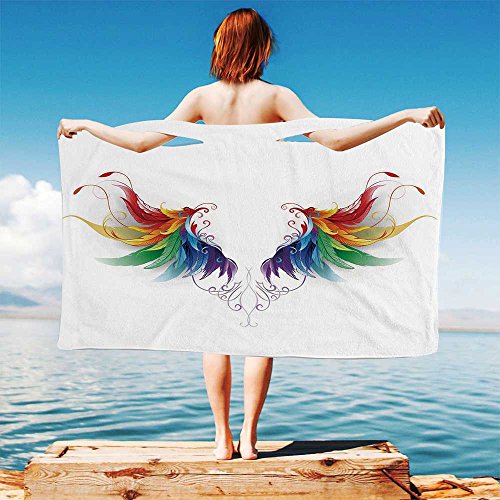iPrint Rainbow Quick Dry Plush Microfiber (Towel+Square scarf+Bath towel) Reaistic-Looking-Feathers-in-Raimbow-Colors-Forming-Wings-Flight-Angels-Symmetrical-Decorative And Adapt to any place