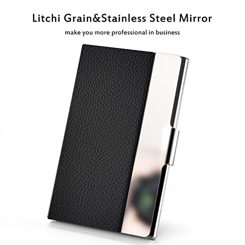 Business Card Holder Case, AHGXG Professional Slim Name Card Case Credit Card ID Holder/Case PU Leather&Stainless Steel Metal Wallets for Men&Women, Keep 20 Business Cards, Black