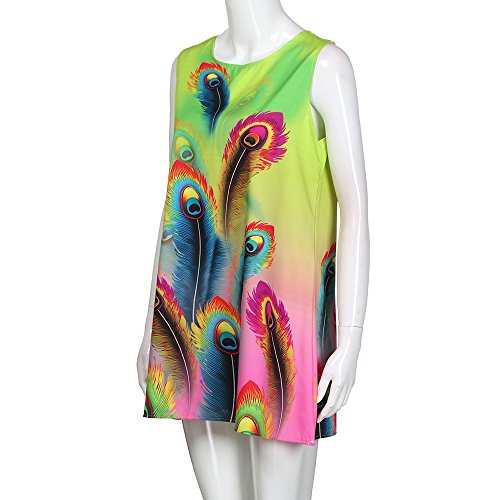 Dressin Womens Dress Summer O-Neck Boho Sleeveless Floral Printed Beach Mini Dress Casual T-Shirt Tank Tops Short Dress