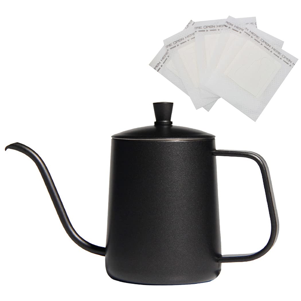 SIPLIV 650 ML Gooseneck Spout Coffee Kettle Pour Over Coffee Pot, Stainless Steel Drip Coffee Hanging Ear Coffee Pot Tea Kettles Black and 50 Pcs Paper Coffee Filter, A(Steel Handle)