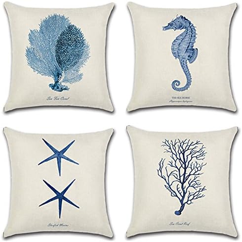 MHB Home Décor Ocean Park Pattern Cotton Linen Cushion Covers with Hidden Zipper for Car (Pack of 4 Pieces)