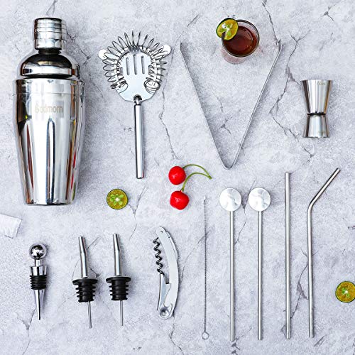 Cocktail Set, Godmorn Edelstahl Shaker Set, 15 Teiliges Barkeeper Set mit bessere Bambus Ständer, Rezeptbuch, Messbecher und Bar Löffel, 550 ml Geschenk Set für Zuhause oder die Bar – Bild 3
