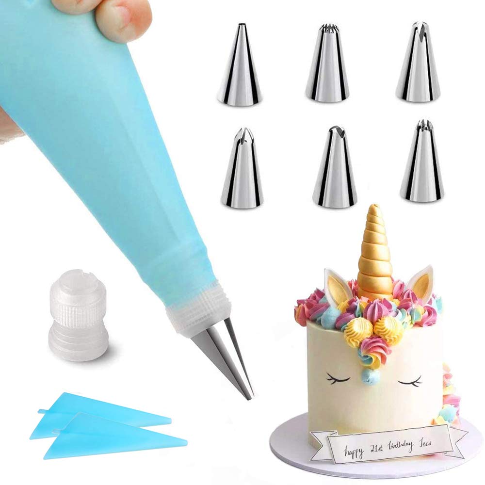 Yiouou Piping Bags and Nozzles Set 9 Pcs Cake Decorating Supplies Kit with 2 Silicone Icing Piping Cream Pastry Bag and 6 Piping nozzles,1Coupler for Cake DIY