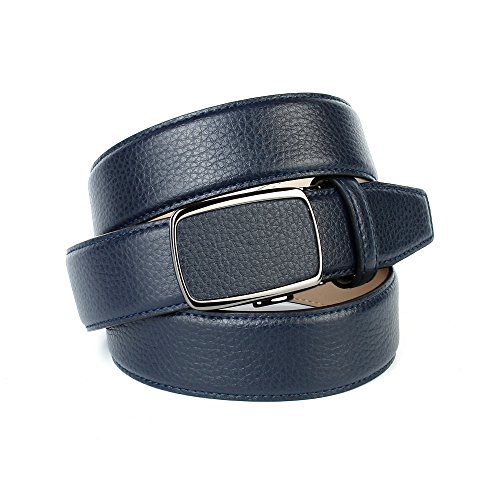 Anthoni Crown designer men`s leather belt blue marine color classic design with black metallic automatic buckle 1,4