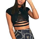 Antopmen Women's Crew Neck Short Sleeve Front Cut Out Hollow Crop Tops