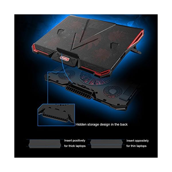 Laptop Cooling Pad 12"-17.3", Ultra Quiet Laptop Cooler Stand with 5 Fans at 2200RPM, Gaming Laptop Cooling Pad with Red LED Lights, 2 USB Ports, 7 Adjustable Height, Light Weight Cooling Stand