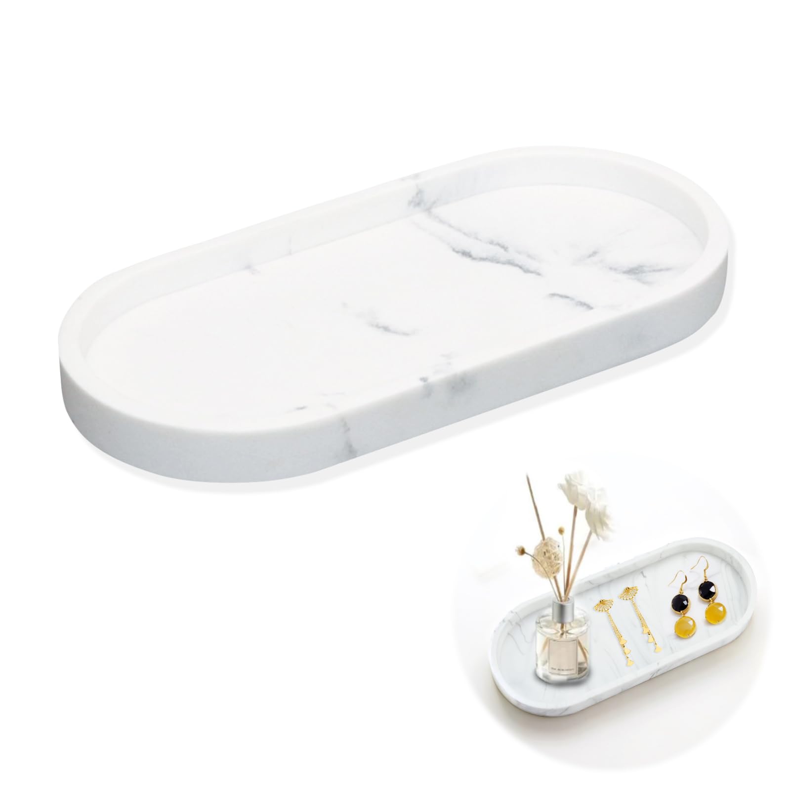 Marble Tray Bathroom Vanity Tray Bathtub Dish Decorative Silicone Kitchen Holder Water Resistant Small Organizer Plate for Vanity Soap Shampoo Candles Towel Plant Jewelry Ring Desk Home Decor