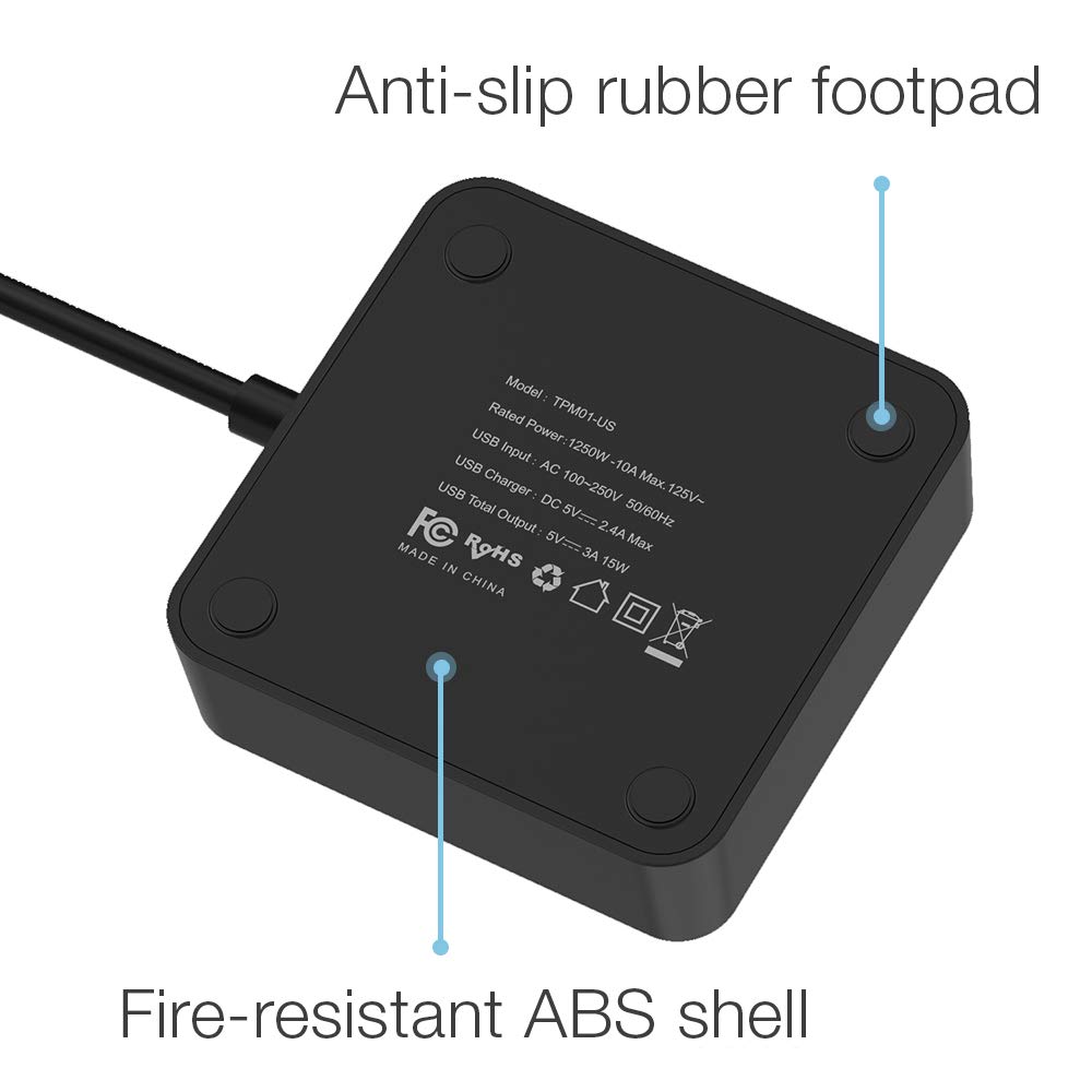 Power Strip with 3 USB & Switch Control, Desktop Charging Station Portable Travel Size - Black