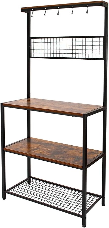 AZ L1 Life Concept Bakers Industrial Kitchen Rack Cupboard with 10 Hooks, Mesh Panel, 3 Shelves, and Adjustable Feet, for Microwave Oven Cooking Utensils, 33.1inches, Rustic Brown/33: Furniture & Decor
