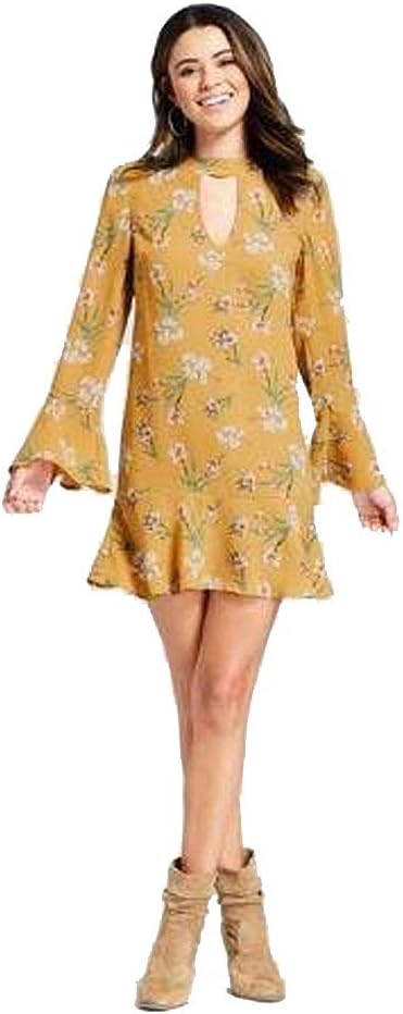 Women's Floral Print Cut-Out High Neck Dress (Yellow, Size L)