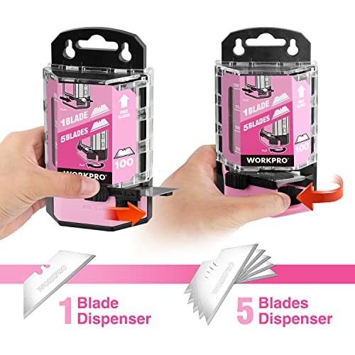 WORKPRO Utility Knife Blades, 100-Pack Utility Blades Replacement with Dispenser, SK5 Carbon Steel, Pink