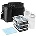 Insulated Lunch Bag with 3 Disposable Meal Prep Containers, 2 Shaker Bottles (28oz) and Reusable Ice Packs, Convenient Multi-Compartment System + Portion Control Kit for Your Daily Meal Plan (Black)