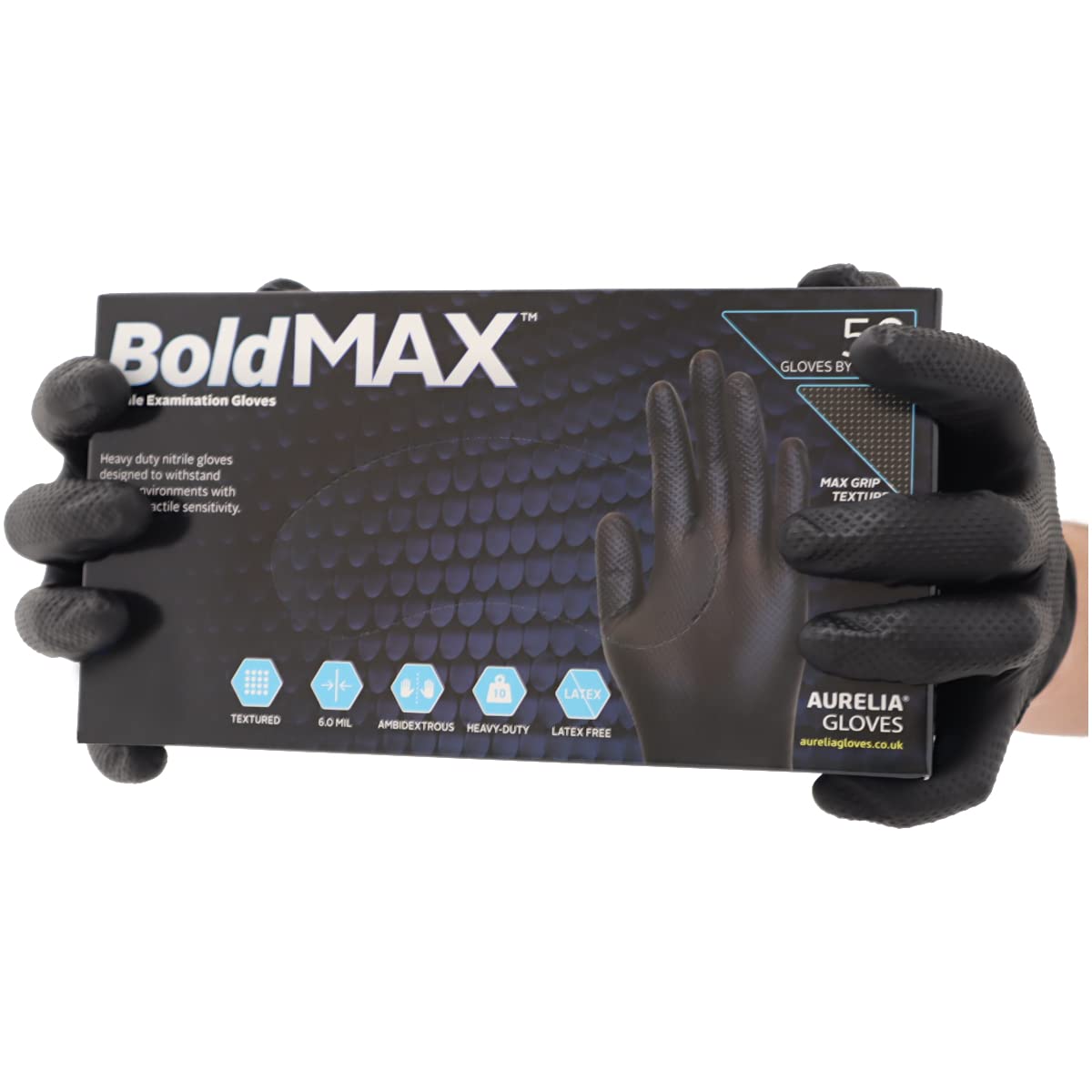 R&C Components Ltd Black Nitrile Gloves Heavy Duty Grip Textured Bold Max Disposable Gloves Powder Free - Mechanics, Tattoo, Piercing Work Gloves (Medium)