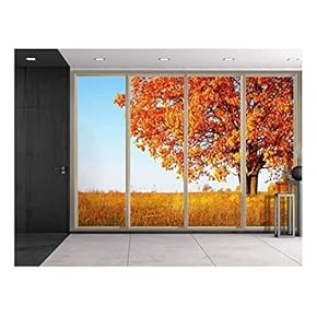 Wall26 - Orange Lone Tree During Fall Time on a Yellow Field Viewed from Sliding Door - Creative Wall Mural, Peel and Stick Wallpaper, Home Decor - 66x96 inches