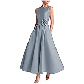 Caodip Womens Satin Tea Length Mother of The Bride Dress Crew Neck Formal Elegant Evening Gown with Pocket