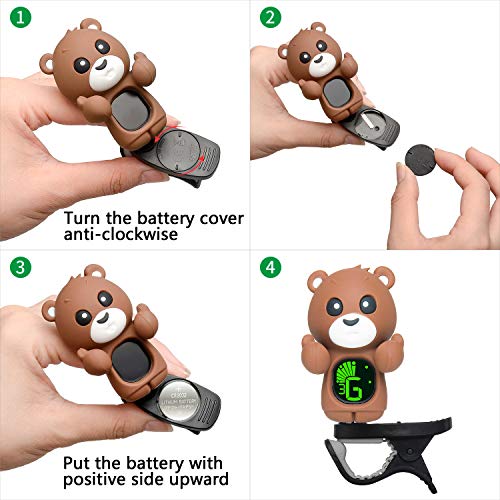 Clip On Cartoon Bear Guitar Tuner For All Instruments, Ukulele, Guitar, Bass, Mandolin, Violin, Banjo, Large Clear LCD Display For Guitar Tuner (Brown)