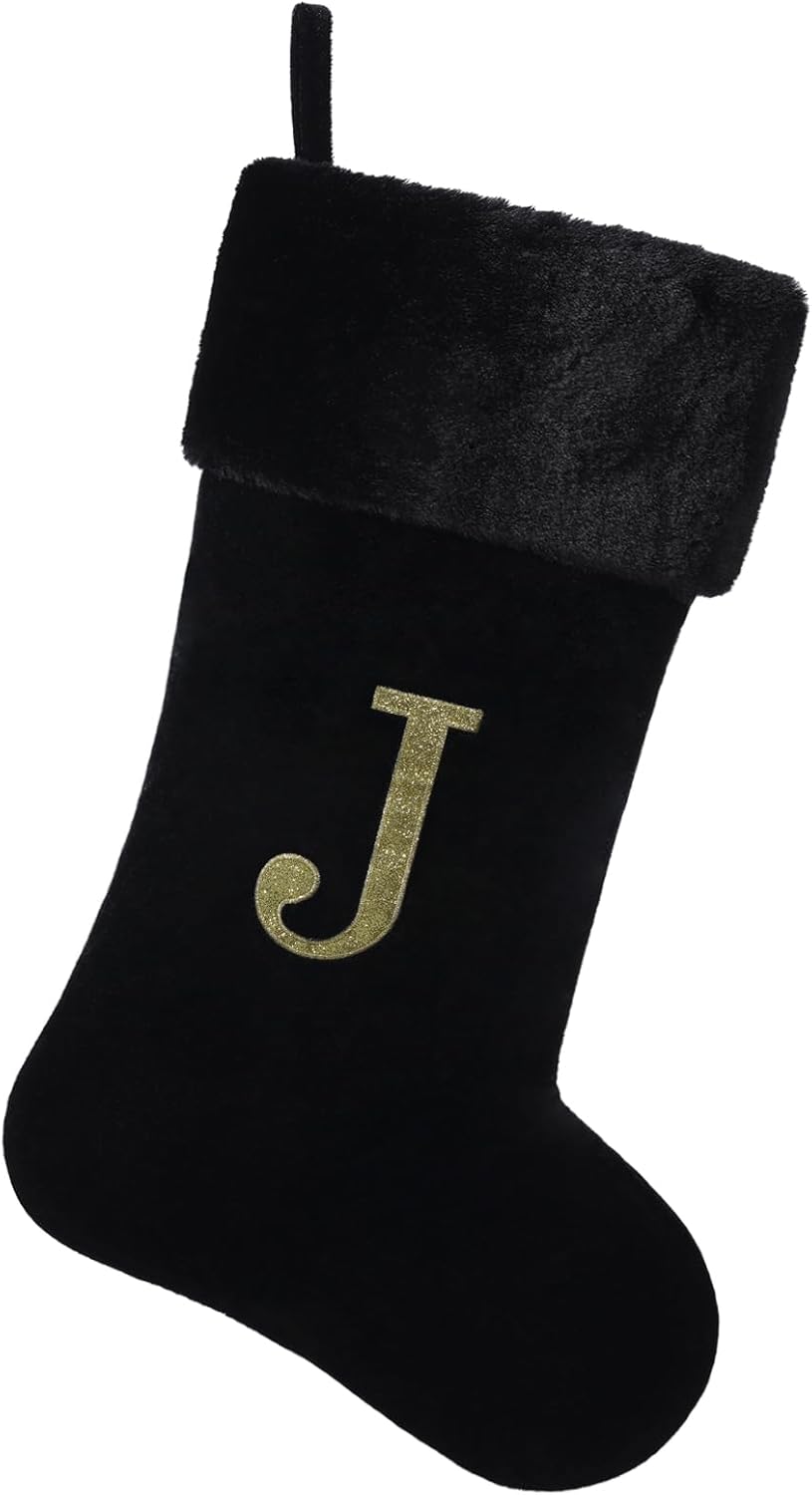 Stockings & Holders - Yehnois 20 Inches Initial Monogram Christmas Stocking Personalized,Deluxe Black Velvet Body with Super Soft Plush Cuff Embroidered Letter,Holiday Season Decor（J）