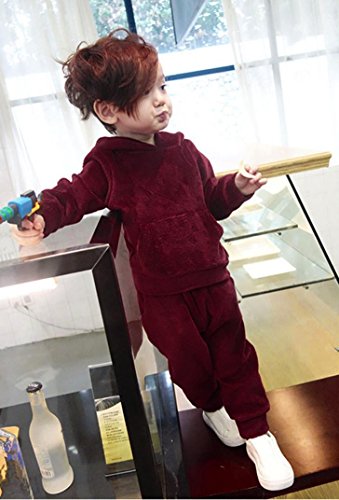 Minisoya Toddler Baby Boy Girls Warm Velvet Hoodie Casual Hooded Sweatshirt Tops Long Pants Tracksuit Outfits Set (Wine, 24M)