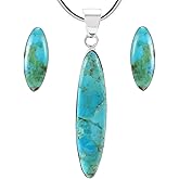 Matching Turquoise Pendant & Earrings Set 925 Sterling Silver (Pendant, Earrings, Stainless Necklace 20")