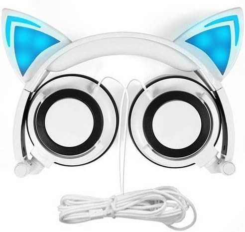 Cat Ear Headphones - SHREBORN Kids Wired Earphones Blinking Glowing Fancy Foldable Over-Ear Gaming Headsets with LED Light for Fairy's Adorable Cosplay Headset Spirit Costume accessories-White