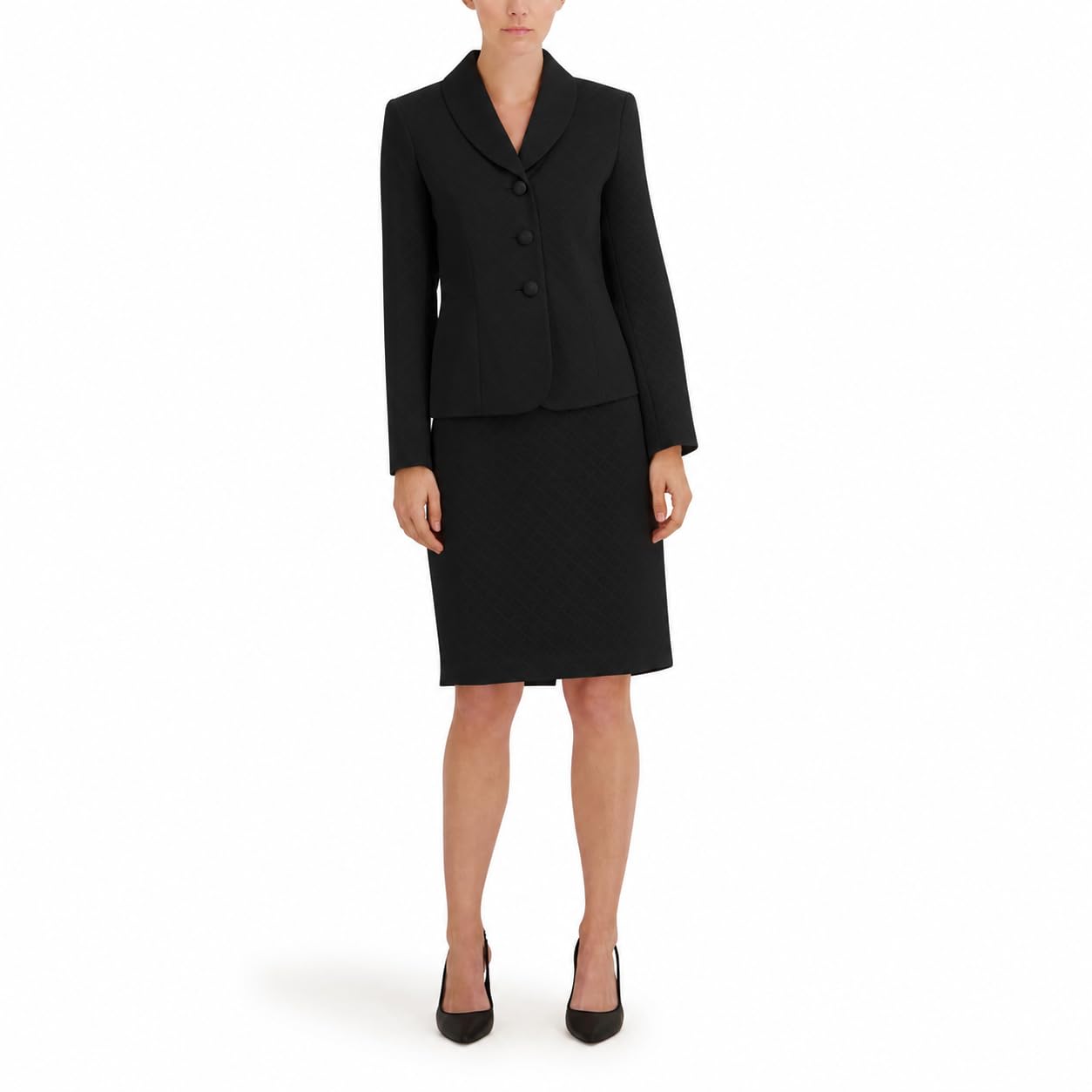Le Suit Women’s Jacquard Three Button Shawl Collar Jacket & Skirt, 2pc Set Black