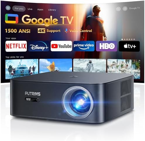 [1500 ANSI/Google TV/Voice Control]Smart Projector with WiFi 6 and Bluetooth, Netflix-Licensed 4K Support, Outdoor Movie Proyector, 1080P Home Ceiling Auto Focus Projector, PUTRIMS K12 Gray