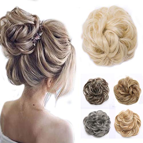 Messy Hair Bun Extensions Synthetic Updo Chignons Donut Elastic Bride Bun Ponytail Scrunchy Hairpiece Wig Accessory for Women 35g Ash Blonde Mix Bleach Blonde-Medium