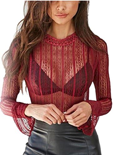HTOOHTOOH Womens Mesh Sheer See Through Long Sleeve Tops Blouse