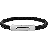 Geoffrey Beene Men's Braided Genuine Leather Fashion Bangle Bracelet with Stainless Steel Clasp