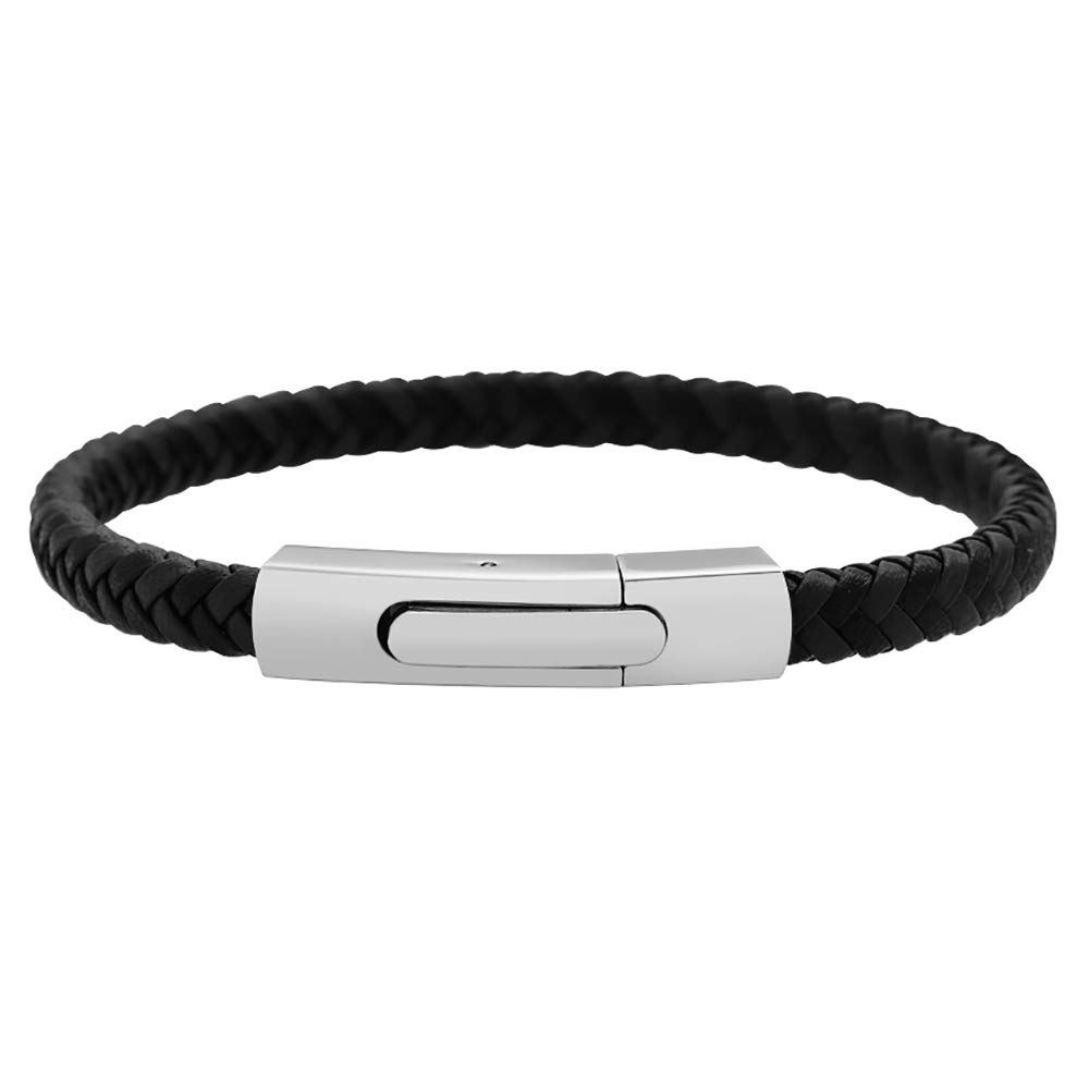 Geoffrey Beene Men's Braided Genuine Leather Fashion Bangle Bracelet with Stainless Steel Clasp, 8 inches, Leather