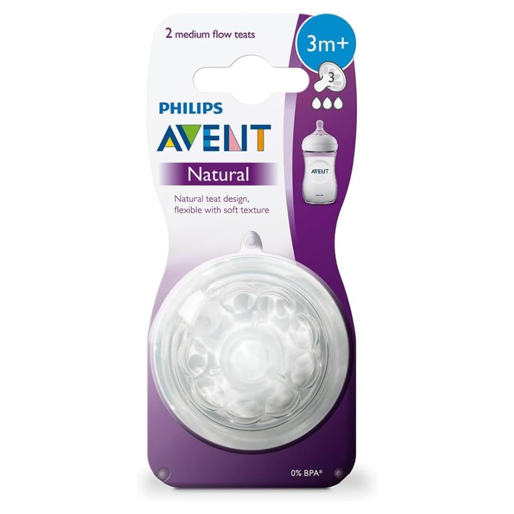Philips Avent Natural Teat, 3 Months+, Medium Flow, Anti-Colic, Pack of 2 - SCF043/27 2 2 Count (Pack of 1)