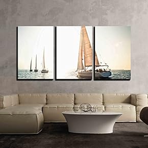 3 Piece Canvas Wall Art - Sailing Ship Yachts with White Sails in a Row - Modern Home Art Stretched and Framed Ready to Hang - 16"x24"x3 Panels