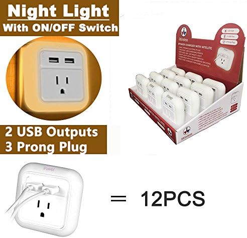 Dual USB Wall Charger with Nightlight - for iPhone 6/7/7/8 plus/iPhone X/galaxy s7 s8/note 8 Android iWireless USA iPower (White-12pcs)