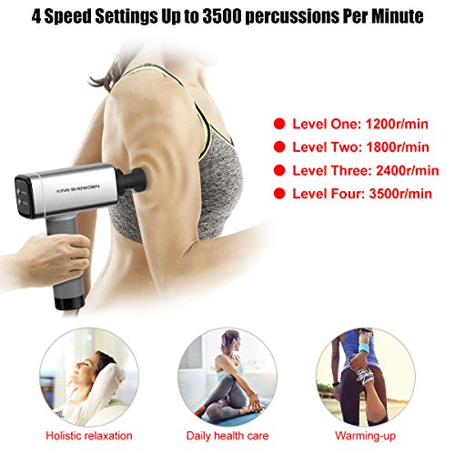 Handheld Deep Tissue Muscle Massager Gun Massage Device with Multiple Heads, Professional Cordless Percussion Vibration Therapy for Body Pain Relief,Neck,Shoulder,Back,Leg,Foot