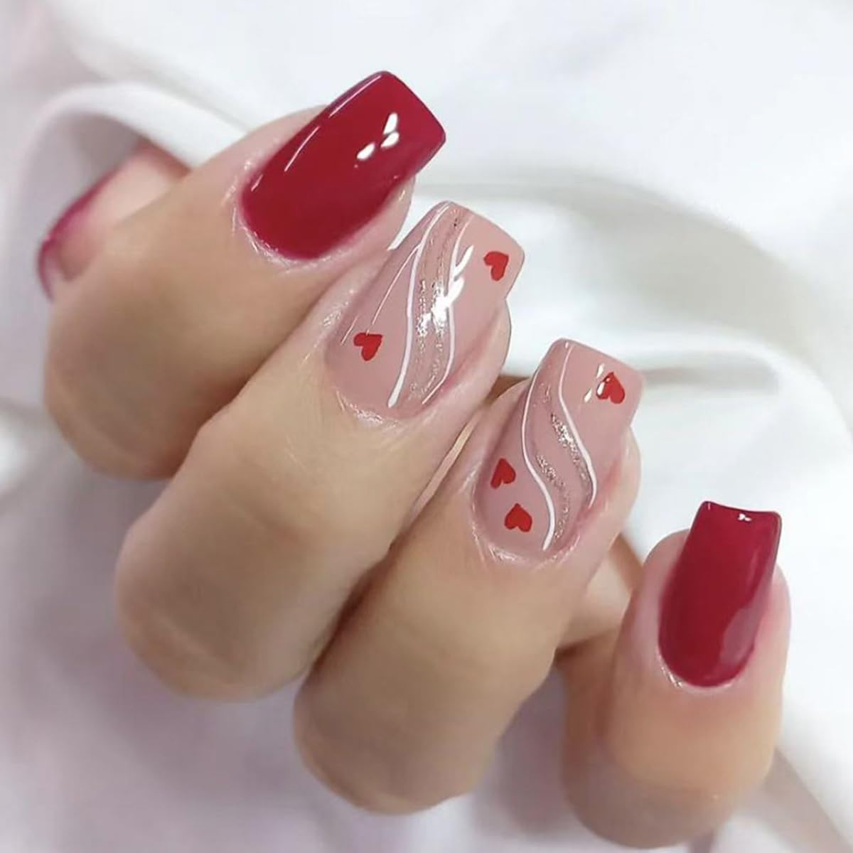 Photo 1 of 24 Pcs Press on Nails Short Square -ZIFANHU Red Fake Nails Glossy False Nails Press ons Full Cover Acrylic Glitter Nail Tips with Heart Lines Design Glue on Nails for Women