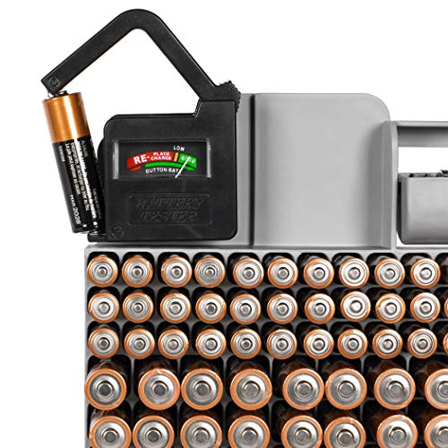 Richards Homewares GREY/110 Piece Richards Organizer with Energy Tester, Holds 109 Different Sizes for AAA, AA, 9V, C, D, and Button Battery, Grey