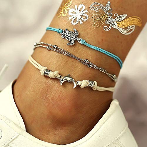 Savannah Ankle Bracelet- 12pc Women's Ankle Bracelet, Anklets for Teen Girls, Turtle Bracelet- Adjustable Handmade Bracelet, Rope Bracelet with Shell, Bead, Starfish, Cardinal Points and Dolphin