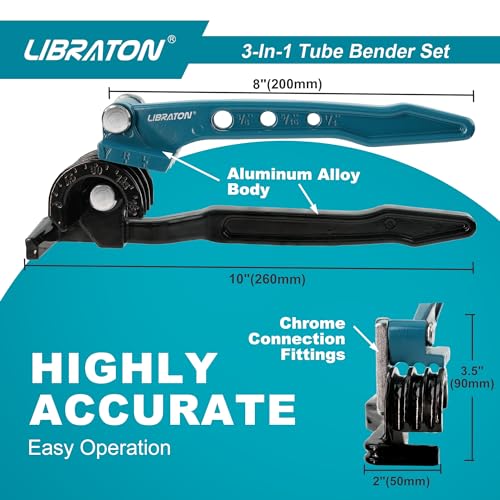 LIBRATON Manual Pipe Bender, Copper Pipe Bender, 180 Degree Pipe Bender, 3 in 1 Pipe Bender for Copper Pipe 1/4" 5/16" 3/8" with Mini Pipe Cutter and Deburrer, for Brass, Aluminium and Thin Steel Tubes