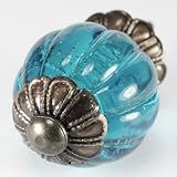 Ocean Blue Glass Cabinet Knobs, Kitchen Drawer Pulls & Handle Set/2pc ~ K214FF Vintage Style Pumpkin Shaped Glass Knobs with Antique Brass Florentine Hardware, for Dresser, Drawers, Cabinets & Vanity.
