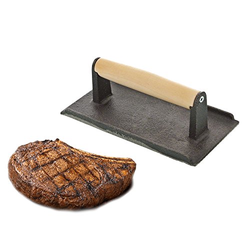 8" Cast Iron Steak Weight Grill Press with Wooden Handle Cast Iron Freaks