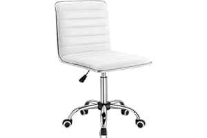 Furmax Mid Back Vanity Chair for Makeup Room, Low Back PU Leather Swivel Computer Desk, Task and Office Chair Retro with Armless Ribbed (White)