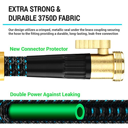 [NEW 2018] Expandable Garden Hose 50Ft Extra Strong – Brass Connectors with Protectors 100% No-Rust & Leak, 9-Way Spray Nozzle - Best Water Hose for Pocket Use - 100% Flexible Expanding up to 50 ft