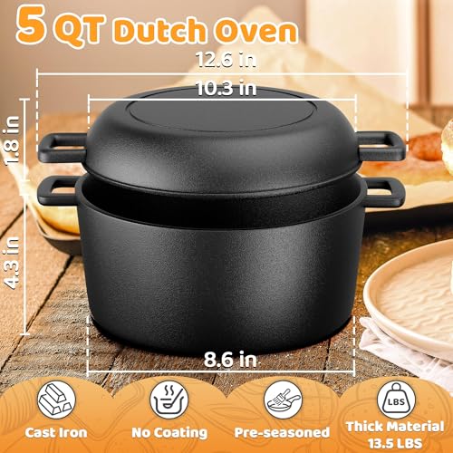 NIUB Dutch Oven for Bread Baking, 5 QT Pre-Seasoned Pot with Skillet Lid, Includes Sourdough Bread Baking Supplies, Cast Iron Pot for Frying, Braising, BBQ