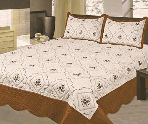 FT Home Fashion Reversible Khaki Brown Beige Bordered Floral Vines Embroidery Quilt Coverlet Set, 3 Pieces, King Size