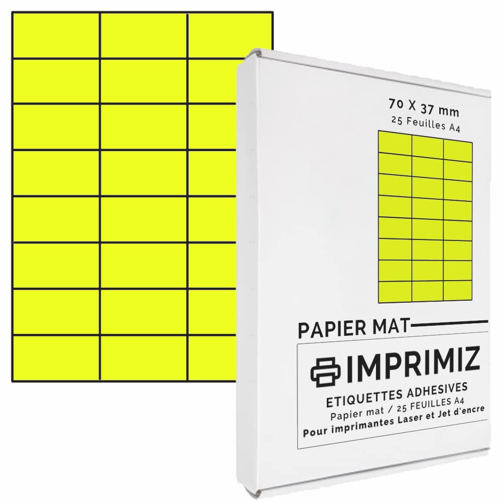 Pack of 600 Self-Adhesive Fluorescent Yellow Labels, 70 x 37 millimetres – 24 Labels per Sheet – 25 Sheets of Adhesive A4 Coloured Paper – for Inkjet and Laser Printing