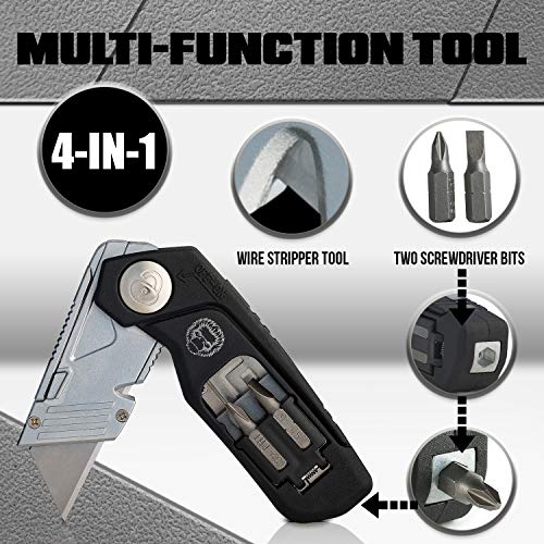Folding Utility Knife, Box Cutter W/Screwdriver & Bits Wire Stripper Tool, Quick Release Replaceable Blades & Safe Lock, Heavy Duty with Belt Clip, Easy Pocket Storage W/Refills