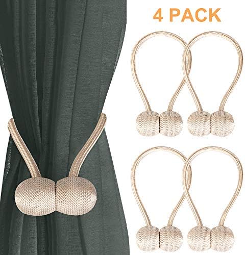 Wannafree Magnetic Curtain Tiebacks 4 Pack, 12 Inch Curtain holdbacks for Window Décor, Decorative Curtain Holder for Windows Drapes Sheer Blackout Panels Home Office, 2 Pair, Beige.