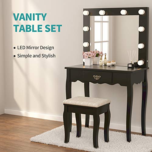 Mecor Vanity Set with Lighted Mirror,Makeup Table with Drawer Wood Dressing Table with Cushioned