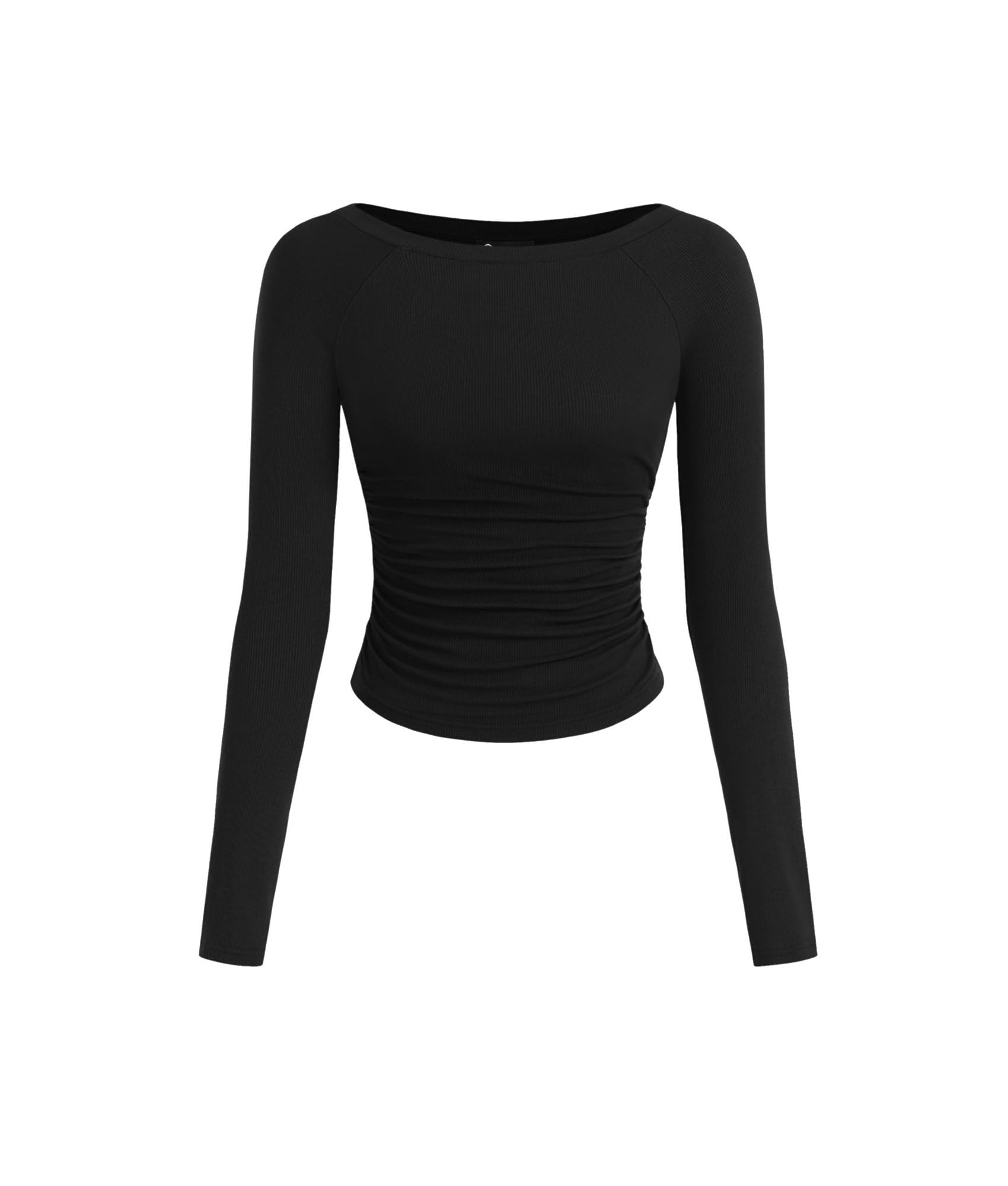 Photo 1 of PRETTYGARDEN Long Sleeve Shirts for Women 2025 Fall Ruched Sides Boat Neck Basic Tee Casual Fitted Ribbed Knit Crop Tops (Black,Large)