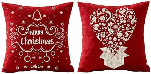 Red Snowflake Merry Christmas Bell with Love Deer Hat Box Gift Holiday Cotton Linen Throw Pillow Covers Case Cushion Cover Sofa Decorative Square 18x18 inch Decorative Pillow Wedding Birthday